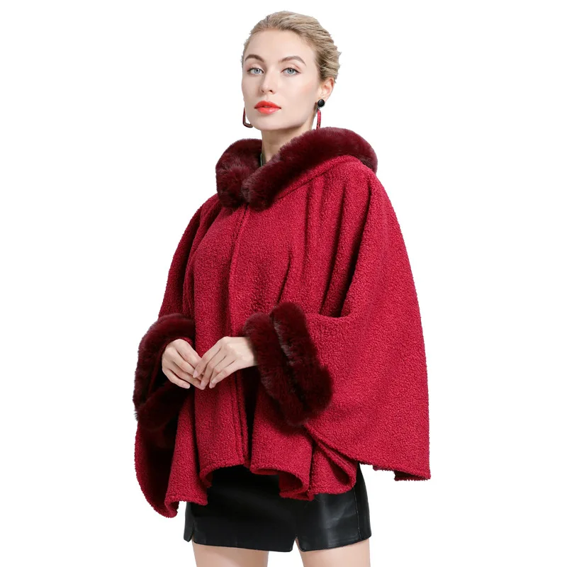 

Женская накидка-пончо из гранулированного вельвета, красная теплая накидка-пончо с большим маятником, длинная свободная шапка летучая мышь...