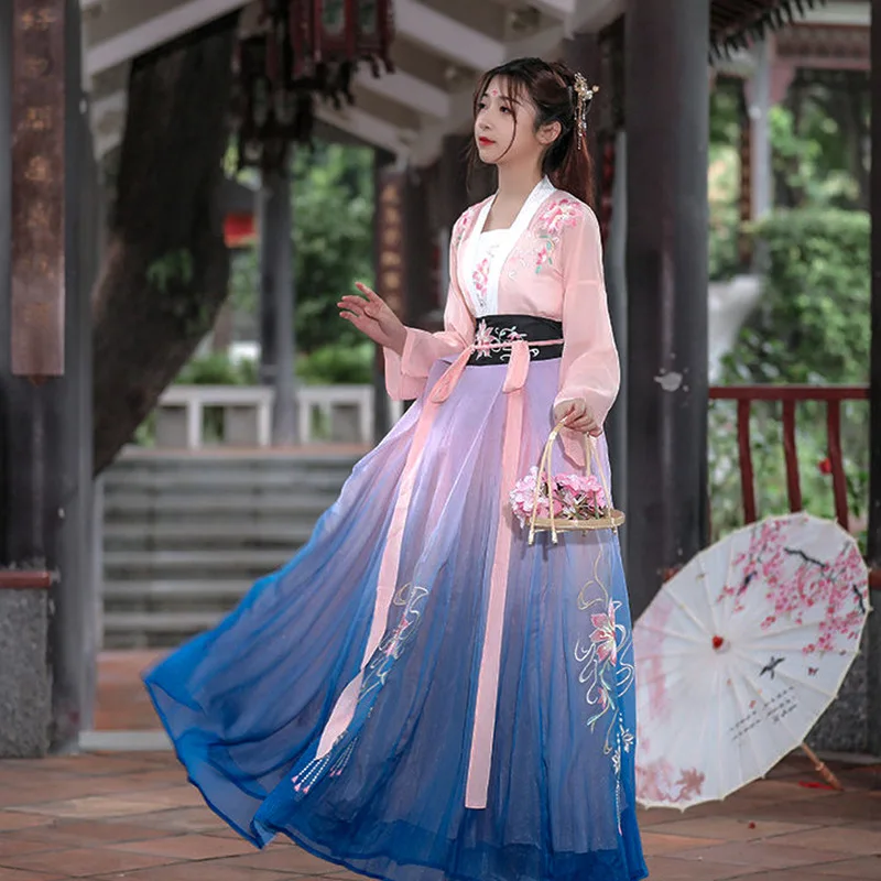 

Women's Han Chinese Clothing Flower Embroidered Fresh and Elegant Waist Skirt Summer Fairy Hanfu Chinese-Style Stage Costume
