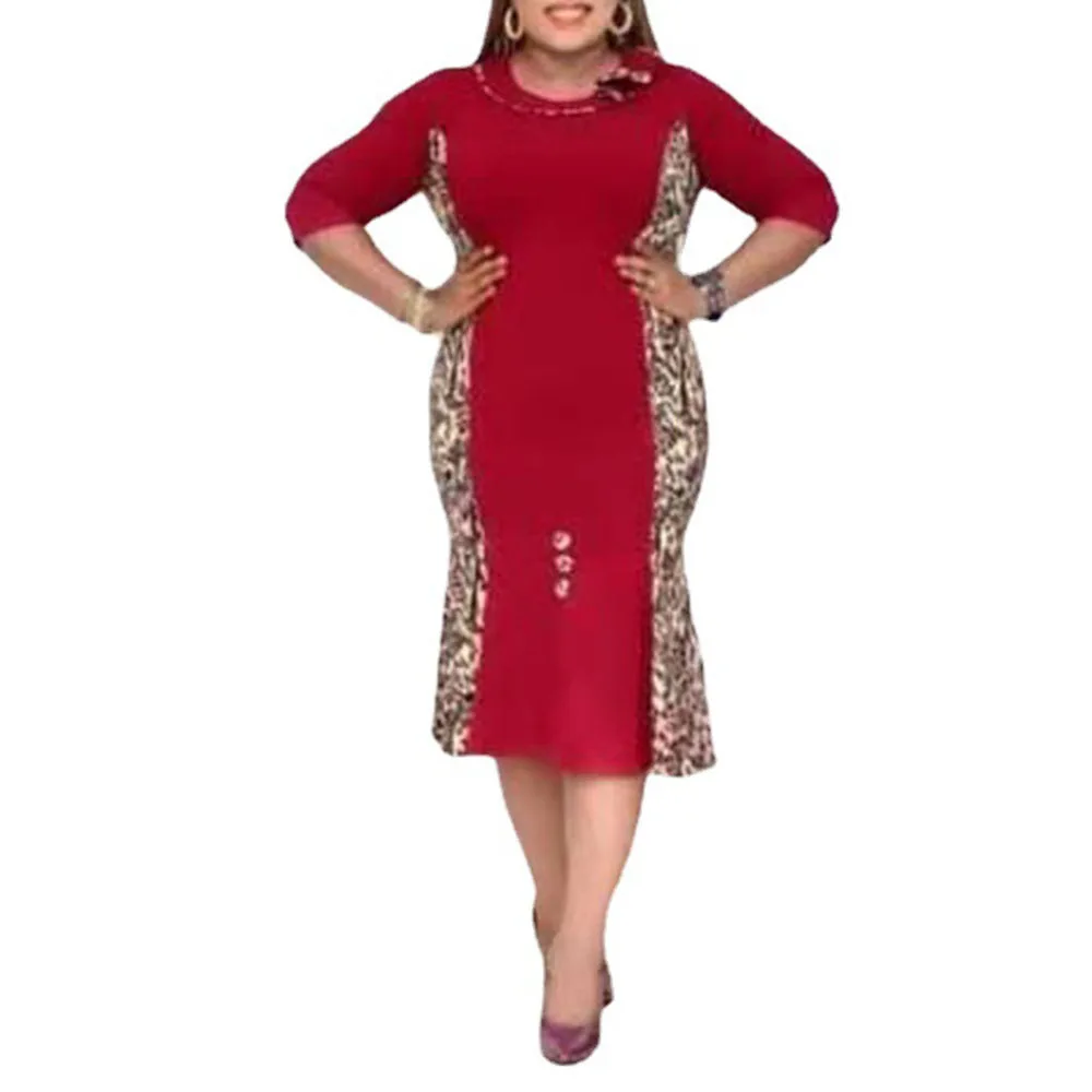 

Oversize Dress Europe America African Casual Women's Leopard Splicing Split Fork Round Neck Mermaid 2021 Summer New