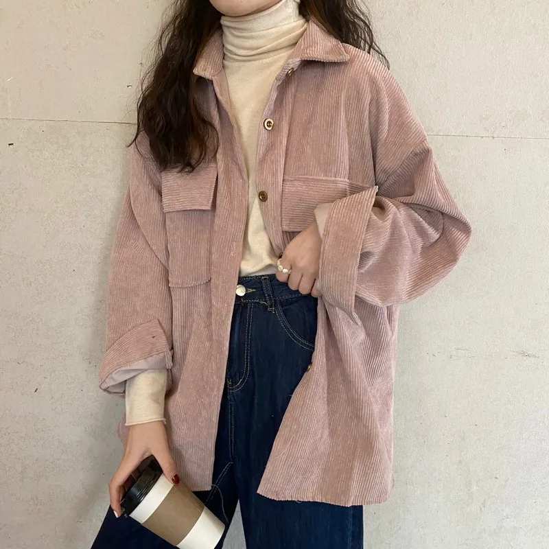 

2021 New Women's Jacket Autumn Ladies Korean Fashion Loose Corduroy Street Vintage Casual Outerwear Button Pockets Coat Pink