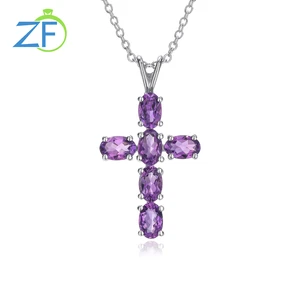 GZ ZONGFA Pure 925 Sterling Silver Cross Pendant for Women Six Natural Amethyst 2.5 Carats Small Cross Necklace Fine Jewelry