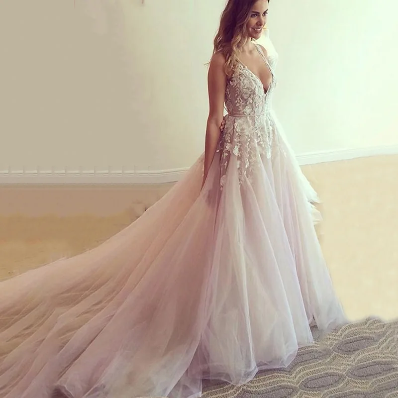 

Женское свадебное платье с цветочной аппликацией, V-образным вырезом и открытой спиной