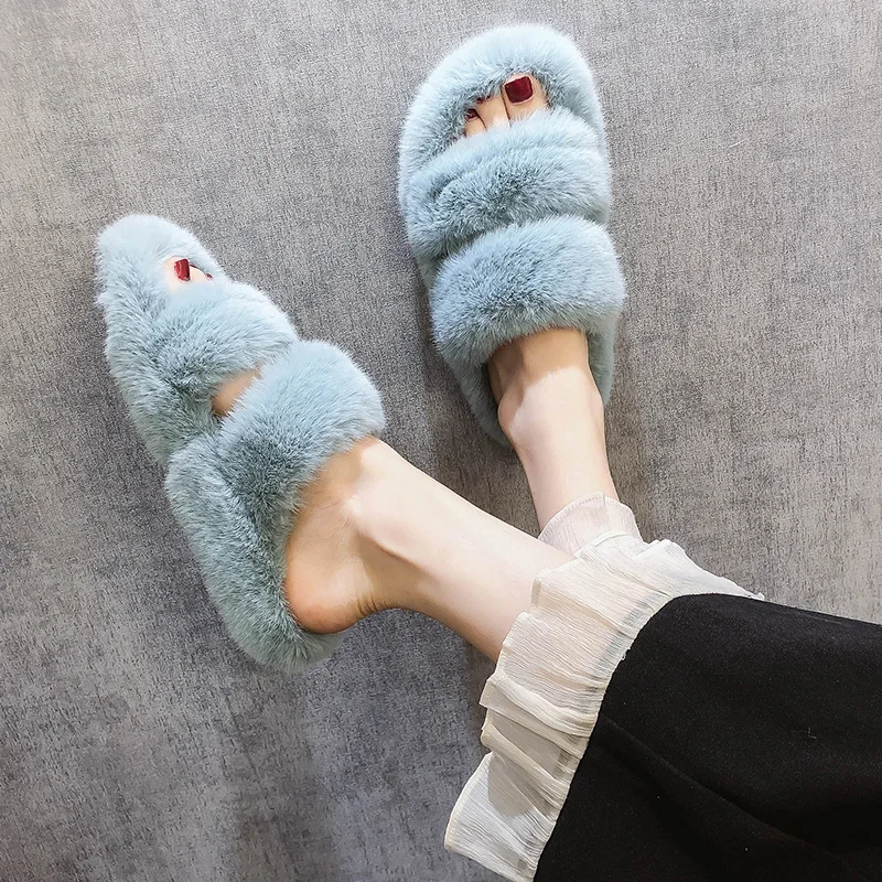 Double Band&cross band fur slippers women platform shoes pantuflas 35-40 candy thicken soled furry slides plush creepers2020 | Обувь