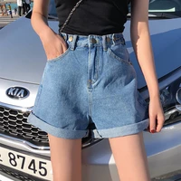 coigarsam womens denim vintage high waist classic blue wide leg female caual summer ladies shorts jeans d30