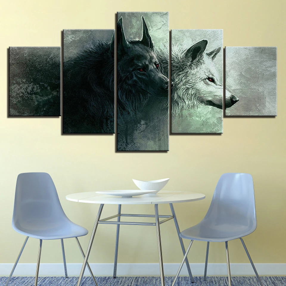 

Black White Wolf Animal 5 Pieces Canvas HD Print Picture Poster Painting Wall Art Modular Modern Living Room Home Decor Framed
