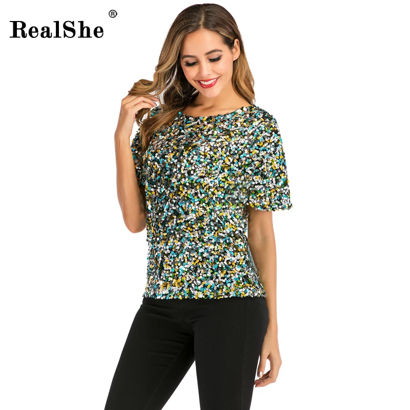 RealShe женские футболки и топы круглый вырез короткий рукав Sequince Camiseta Feminina