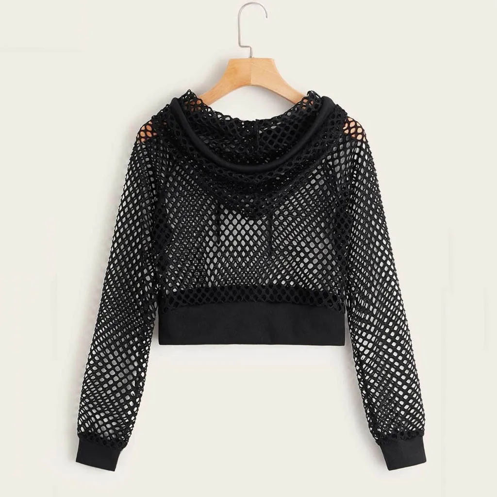 

Streetwear Fashion Hoodies Women Sweatshirts Solid Cutout Mesh Insert Cropped Sweatshirt Long Sleeve Crop Top Sudadera Mujer#9