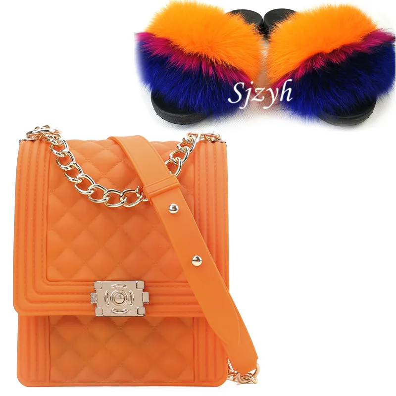 

Women's Real Fox Fur Slippers Matte Colorful Jelly Bags Shoes Sets Ladies Rainbow Fluffy Slides Crossbody Purse Female Handbag
