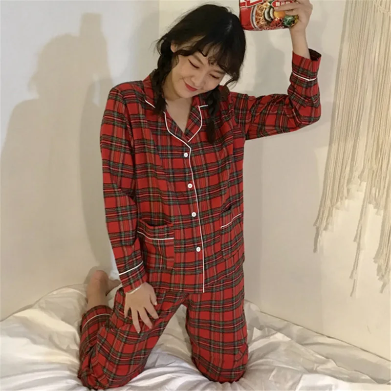 Christmas Red Новые пижамы для женщин корейские свободные пижамы с длинными рукавами клетчатые пижамы женские хлопковые повседневные комплекты из 2 предметов Pigiama Donna Прямая поставка - Цвет: Christmas Red