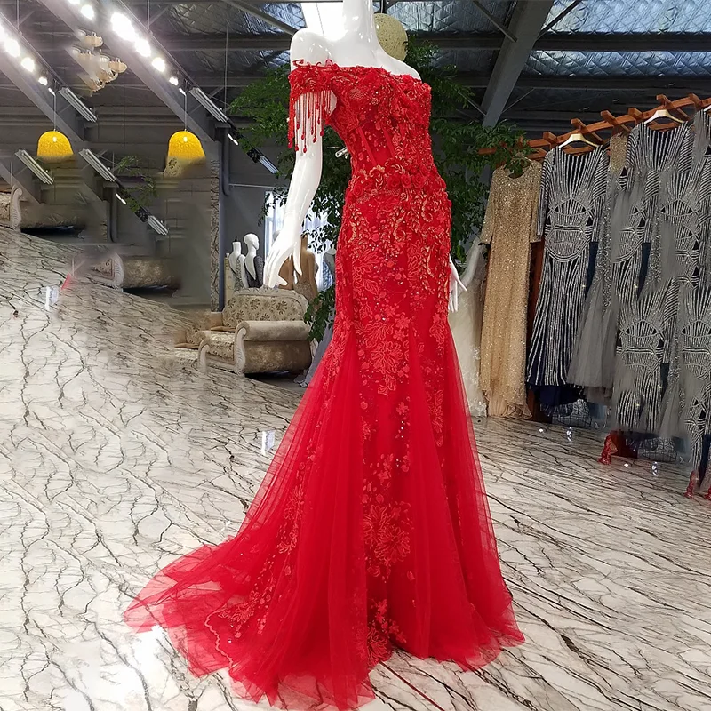 LSGF922 Русалка вечерняя вечеринка красная с плеча зашнуровать вверх по лодке шеи