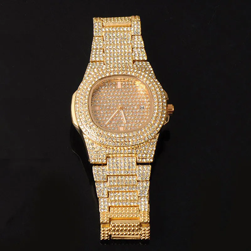 Хип-хоп роскошные часы со льдом + браслет Дата кварцевые наручные с Micropave CZ из