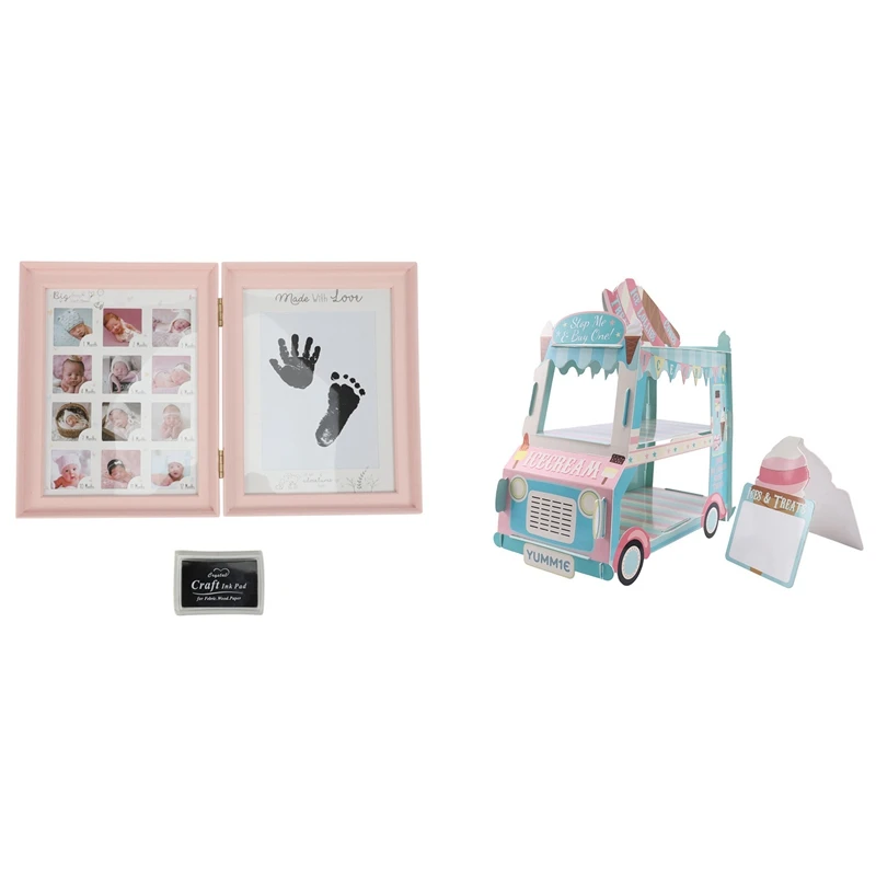 

1 Set 12 Months Picture Photo Frame With Craft Ink Pad Pink & 1 Pcs Ice Cream Van Stand Cars Display Stand