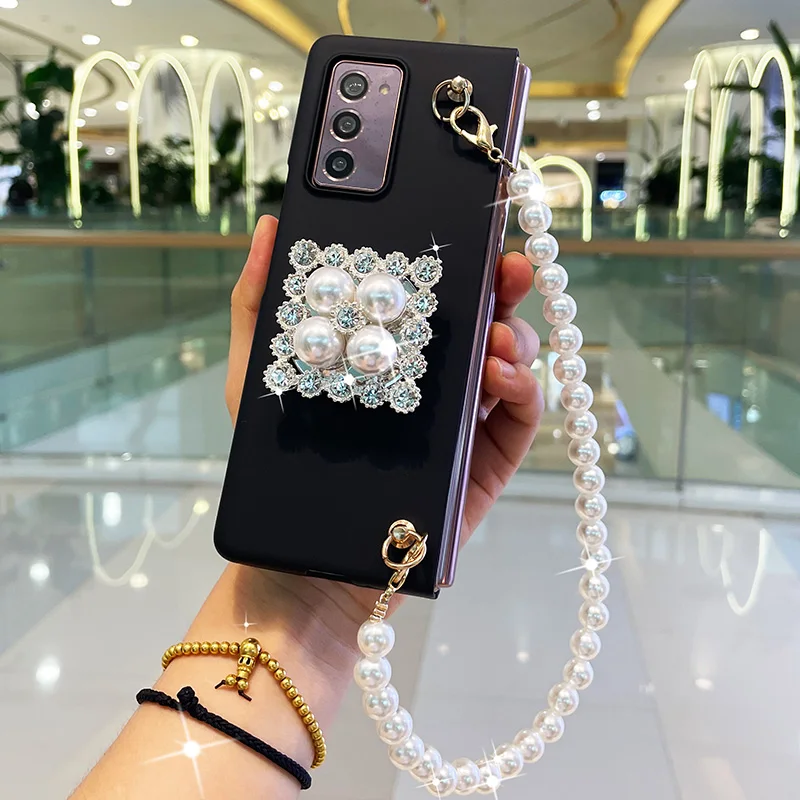 franch style conque for samsung galaxy z fold 2 3 w21 5g bling diamond rhinestone stand holder case cover with pearl hand chain free global shipping