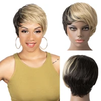 short afro hair wig with bangs pixie cut natural wave layered blonde synthetic for black women cosplay highlight full machine