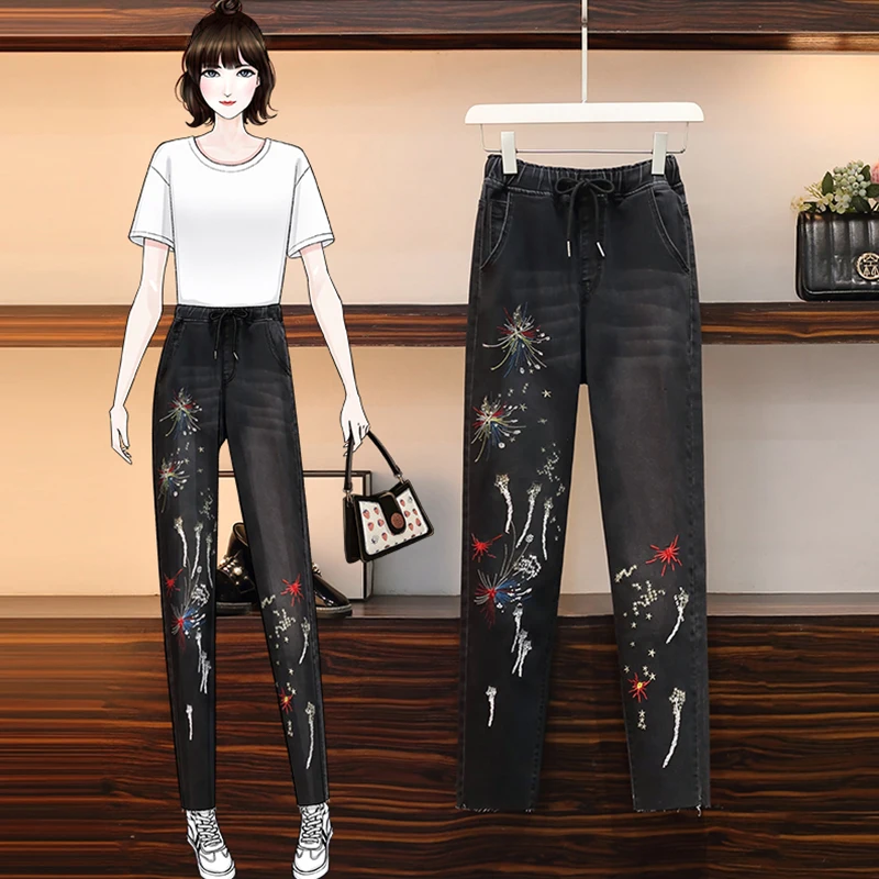 

Elastic High Waist Women Denim Pants Office Lady Korean Embroidery Casual Loose Jeans Female Solid Vintage Trousers black pants