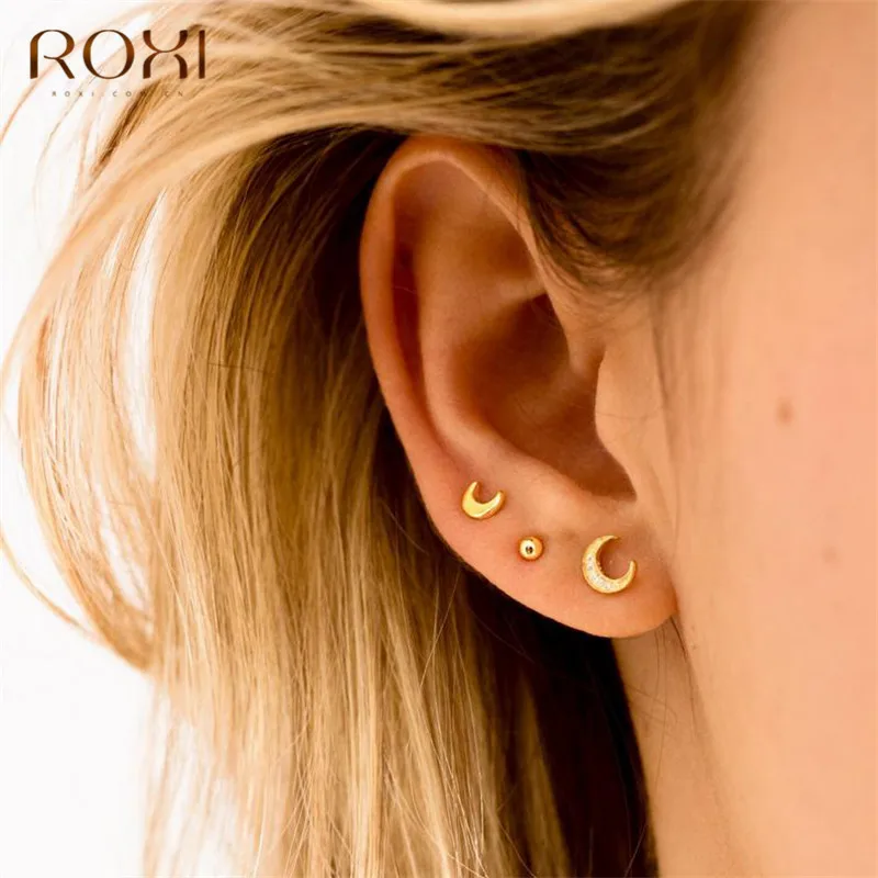 ROXI Tiny Crescent Moon серьги-гвоздики для женщин ослепительные серьги с кристаллом Brincos 925 серьги из стерлингового серебра Букле д 'Орель