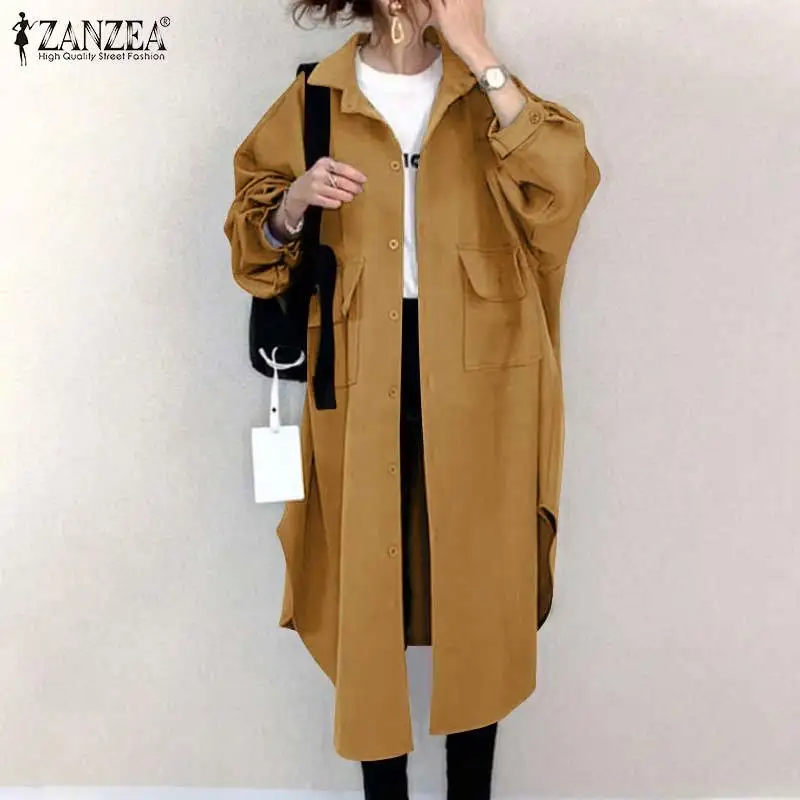 

Casual Women Shirts Tops ZANZEA 2022 Spring Long Sleeve Mid-calf Blusa Femininas Solid Loose Lapel Oversized Holiday Streetwears