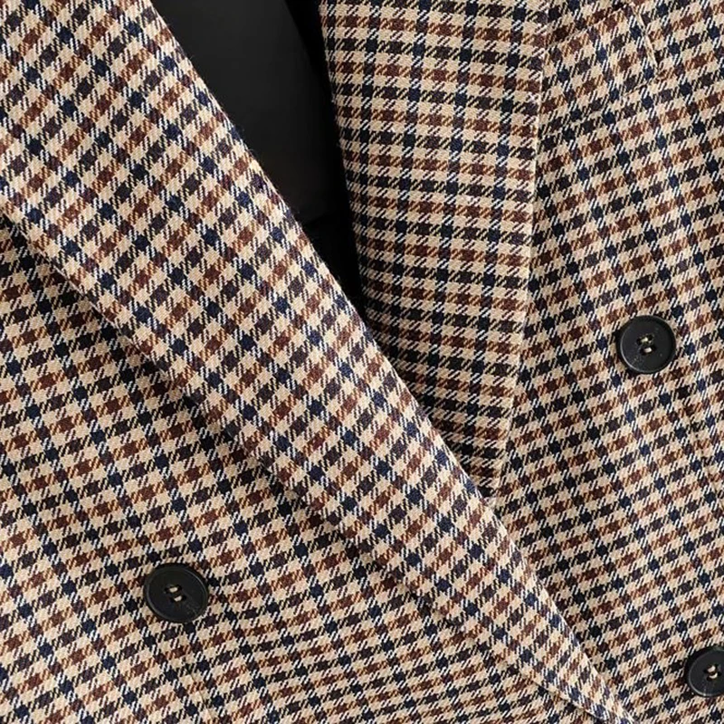 

GALCAUR Double Breasted Plaid Blazer For Women V Neck Long Sleeve Hit Color Pockets Loose Casual Blazers Female Fashion Clothing