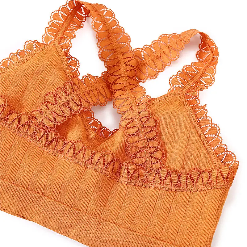 

Women Lace Tops Solid Color Tank Crop Top Bra Underwear Cotton Tube Top Female Back Cross Lingerie Removable Padded Intimates