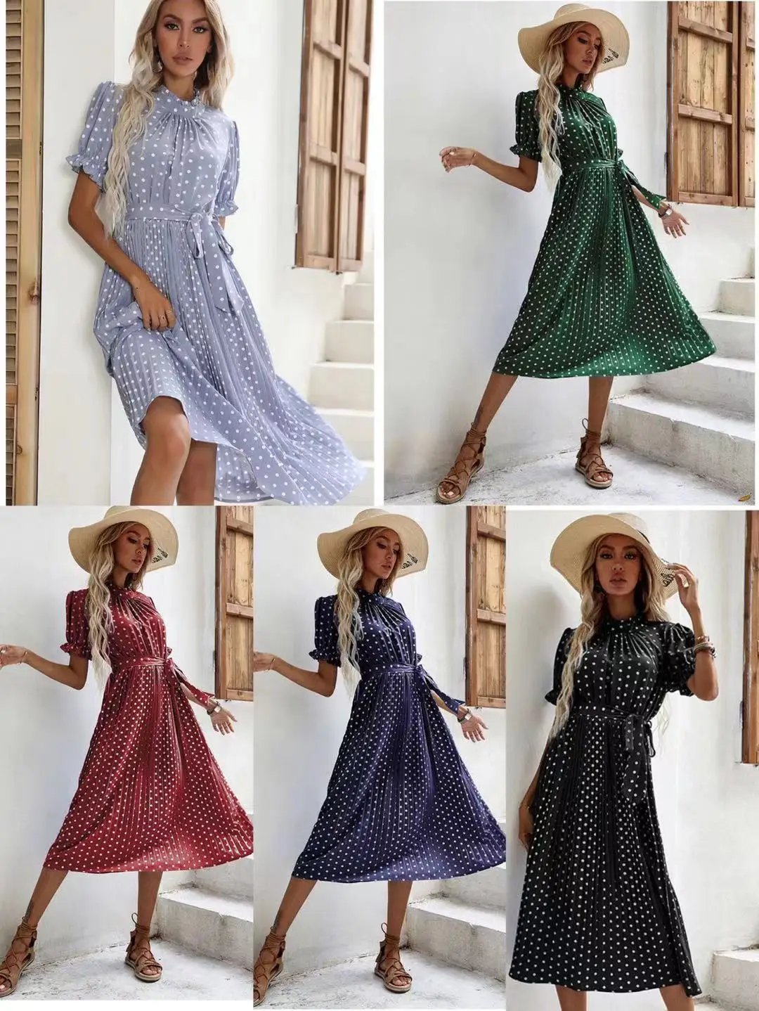 

Summer women's mid-length short-sleeved polka-dot round neck tie pleated dress