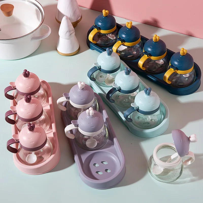 

Glass Seasoning Box Salt Pot Seasoning Containers Household Oil Pot Storage Box Cruet Packaged Combination Three Groups
