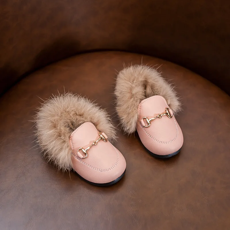 2019 г. Зимняя меховая обувь для маленьких девочек розовые черные Лоферы мальчиков