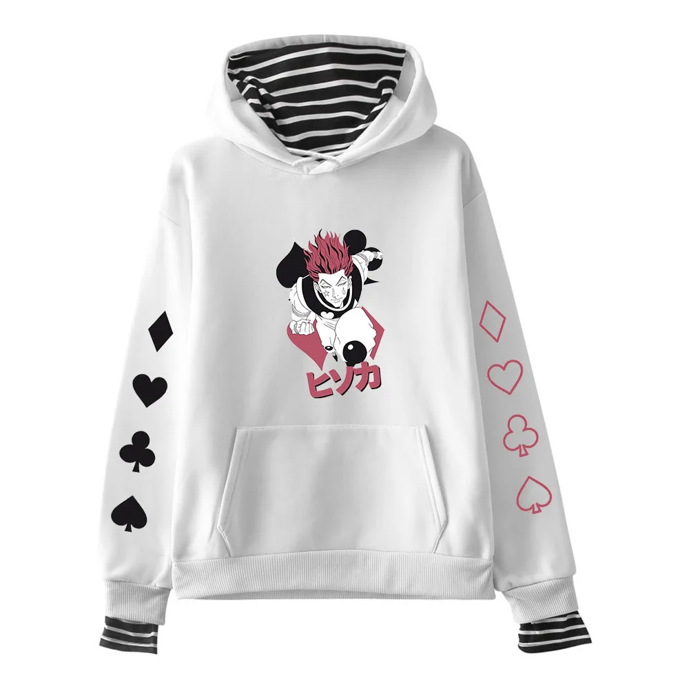 

Fashion Design Anime Hunter X Hunter Hoodie Women Striped Patchwork Fake Two Pieces Hooded Hisoka Sweatshirt Girl's Turtleneck