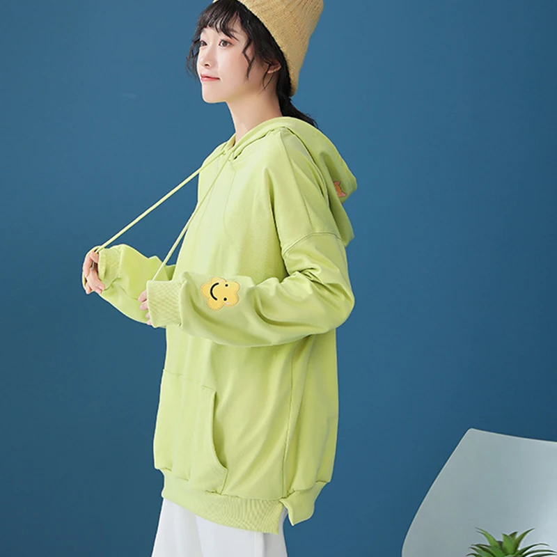

SWEETKAMAHoodies Women Korean Loose Student Long-sleeved Tops Women 2020 New Solid Letter Embroidery Hooded Sweatershirt