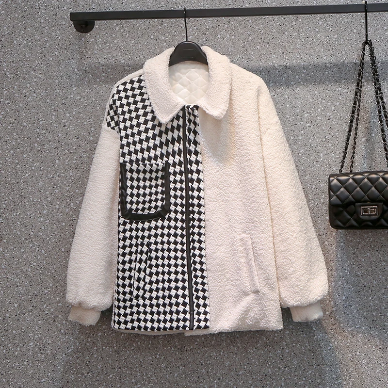 

SuperAen Plus Size Women's New Winter Rhombic Lattice Patchwork Lamb Wool Thickened Warm Coat