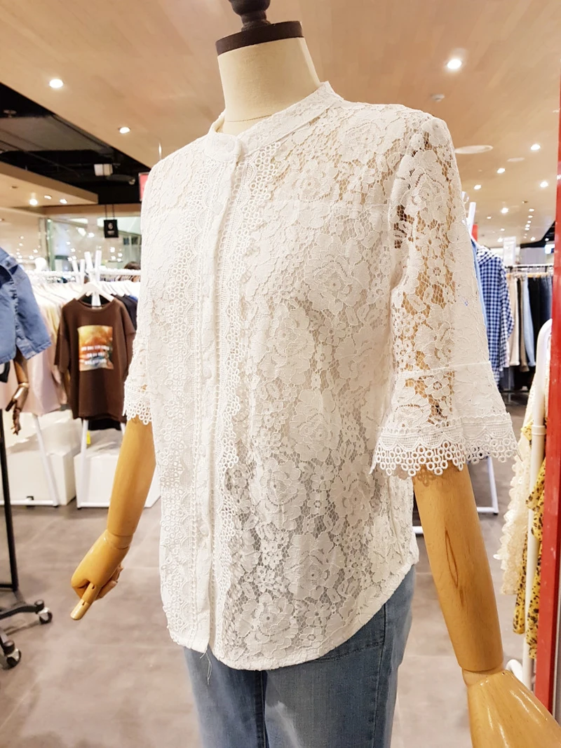 

Women's Korean Fashionable Mid-Sleeve Crocheted Hollow Lace Shirt 2021 Summer White Simple Blouse Elegant Women's Clothing Tops