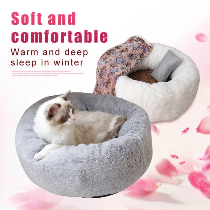 Pets Shag Plush Donut Cuddler Calming Bed Round Plush Cat Dog Mat Sleeping Bed with Pillow E2S
