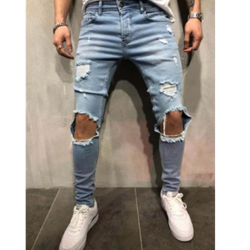 Solid Color Male Stretch Casual Denim Big Trousers Men Jeans Streetwear Knee Ripped Skinny Hip Hop Fashion Estroyed Hole Pants