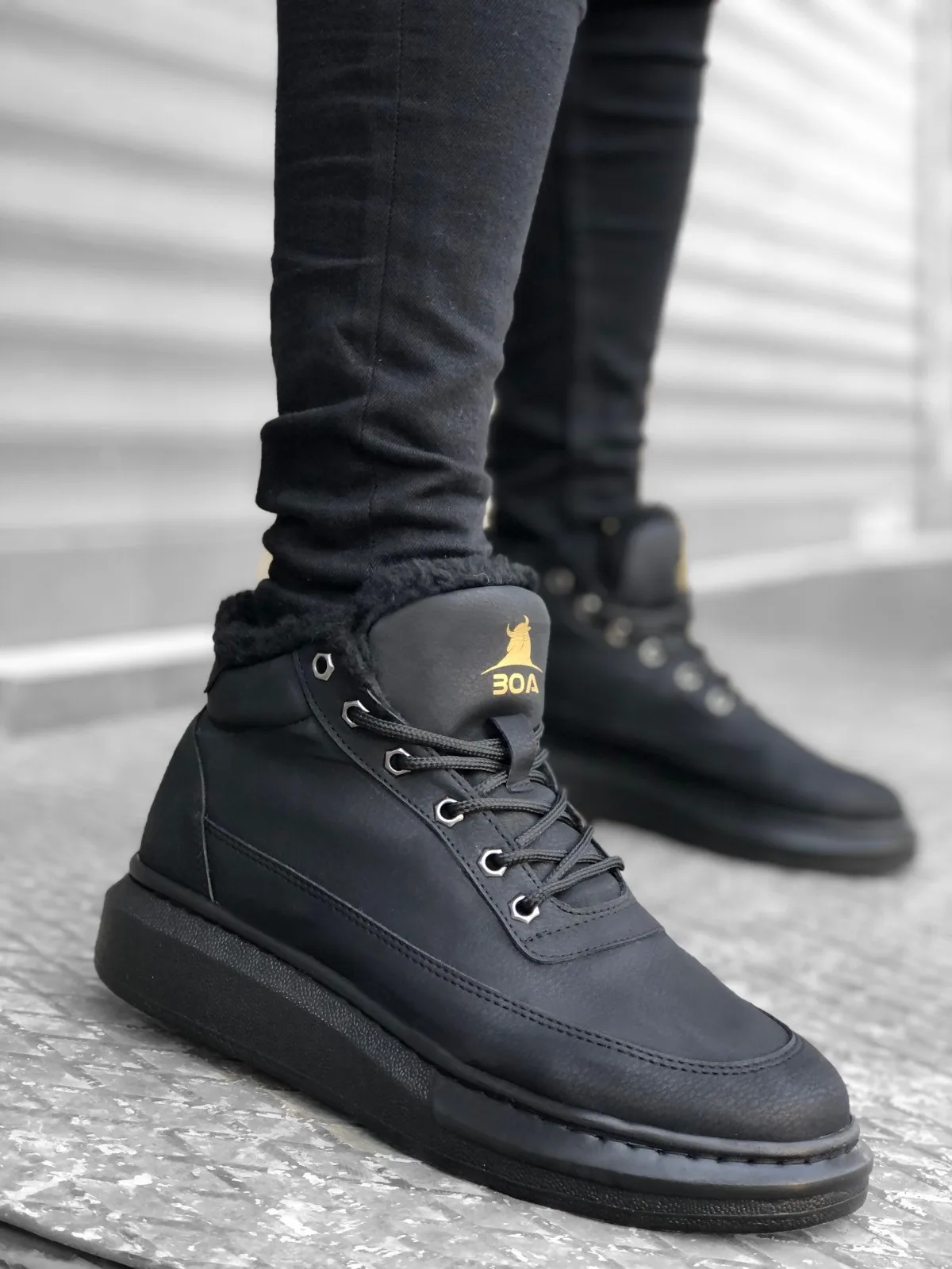 

Sultan S0151 Black Furry Leather Lace up Ankle Boots Sports Basic Outdoor Footwear Casual Classic Winter Trekking Shoes Men 2021