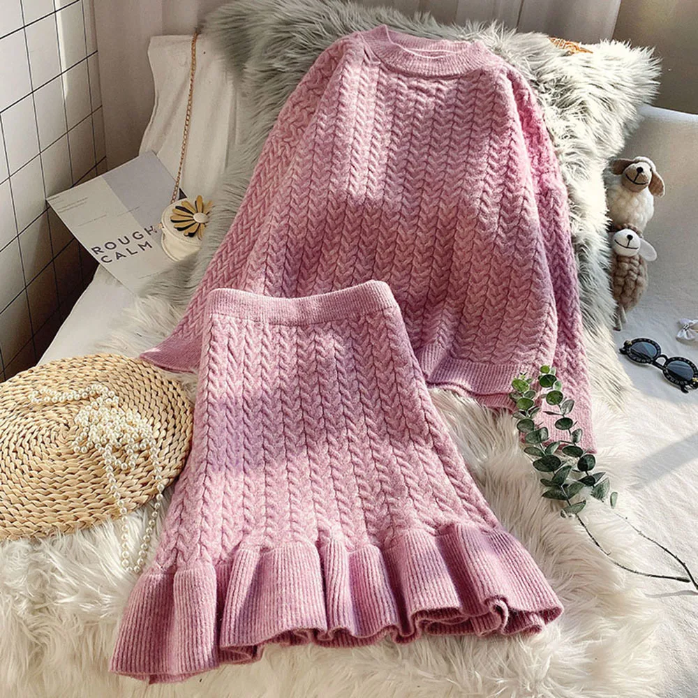 Woman 2021 knitting Suit Skirt Two-piece Autumn Winter Pullover Tops + Short Sweater Chic Lotus Leaf Hem |