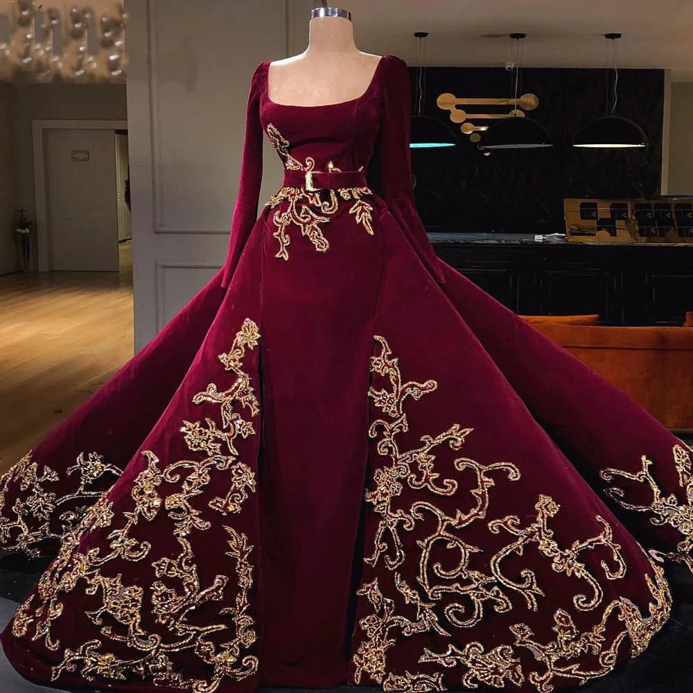 

Burgundy Long Sleeves Muslim Evening Dresses With Detachable Skirt Prom Dress Gold Applique Saudi Arabic Evening Formal Gowns