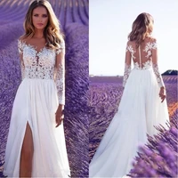 white boho beach wedding dresses full sleeves appliques lace top long chiffon country bridal gowns sexy split illusion vestidos