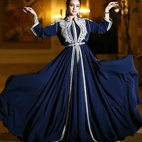 navy blue morrocan kaftan evening dress formal dubai abaya evening gowns with sleeves high neck appliques lace prom dress 2020
