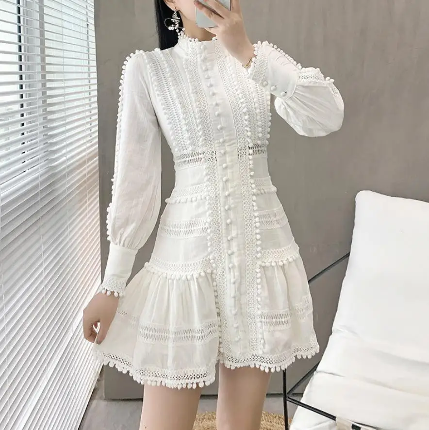 

Autumn Elegant Women Party Dress Light Luxury Palace Style Lace Long Sleeves Stand Neck Ruffles Charming Lady Short Dresses
