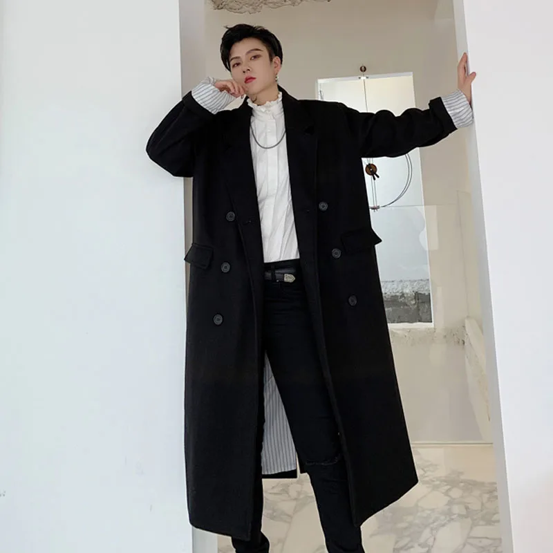 

Men Vintage Double Breasted Loose Black Thick Woolen Windbreaker Long Jacket Overcoat Male Streetwear Hip Hop Gothic Trench Coat