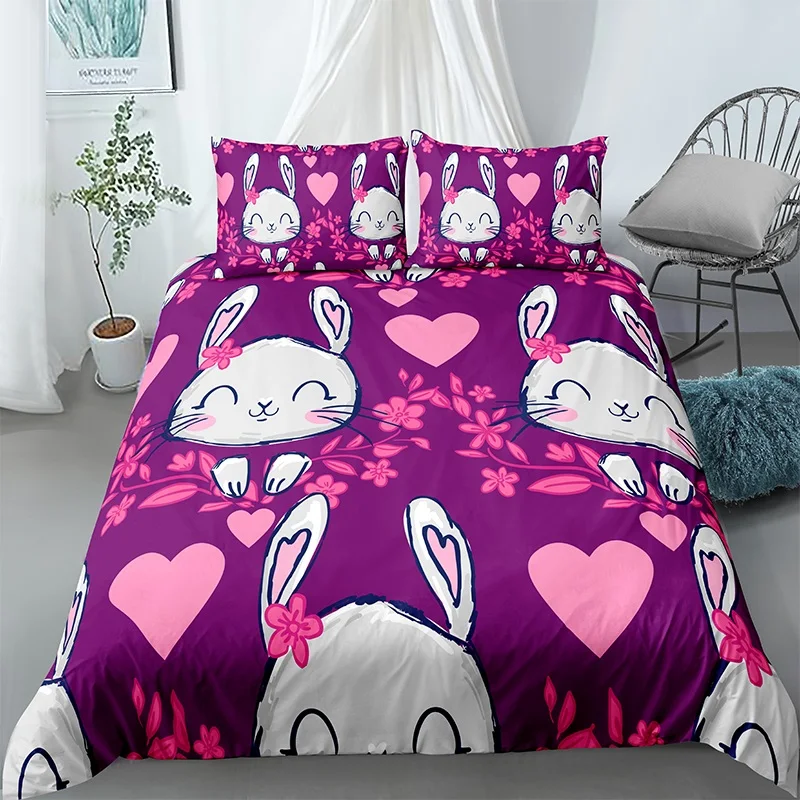

3d Cartoon Rabbit Love Heart Printed Pillowcase Quilt Duvet Cover Happy Easter Pink Bedding Set 2/3pcs for Kids Child