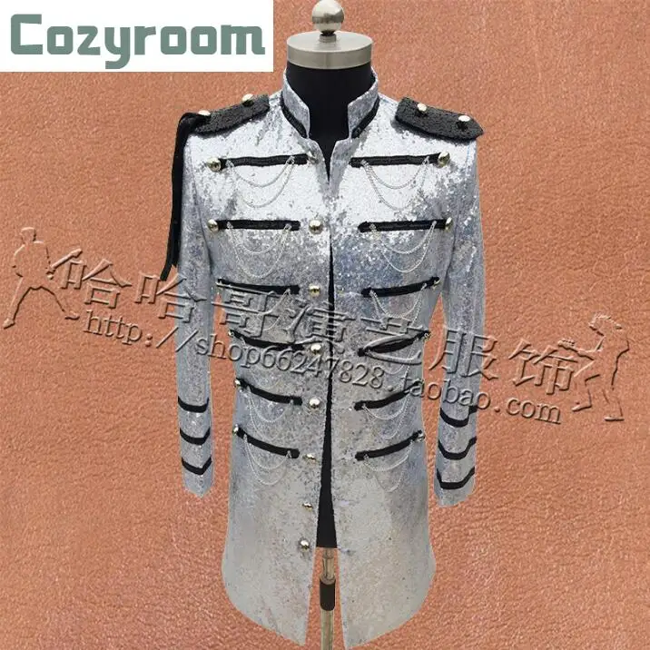 

Men Nightclub rocker star sequins show coats England Style Long Slim Blazer jackets long trench coat male suit Singer Costume