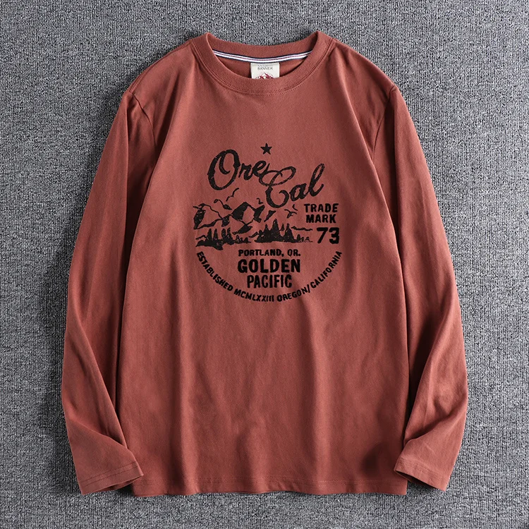 

2021 Autumn Winter New Man's Fashion Long Sleeve O-neck 100% Cotton Letter Print T-shirt Bottomed Vintage Shirt