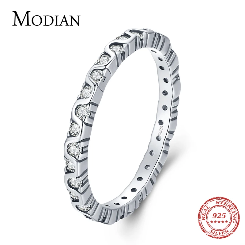 

Modian 100% 925 Sterling Silver Vintage Wave Clear CZ Stackable Female Finger Ring For Women Wedding Statement Jewelry Anillo