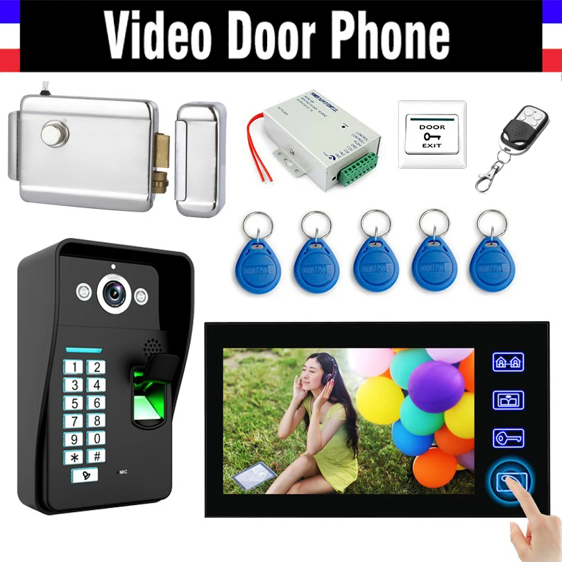 

Wired 7" Touch Video Door Phone Intercom Doorbell Kits Fingerprint ID Keyfobs password keypad Electronic Door Lock Doorphone