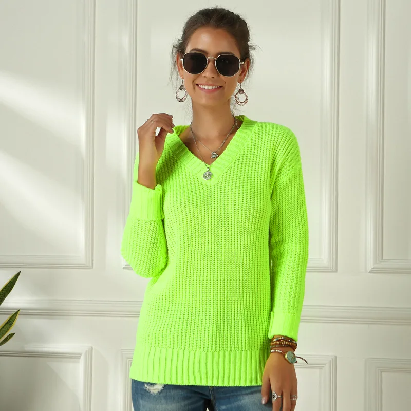 Neon Sweater Women Knitting Green Fuchsia Pink Solid V-Neck Pullovers Long Casual Loose Acrylic Knit Shirts Female Jumper Tops | Женская