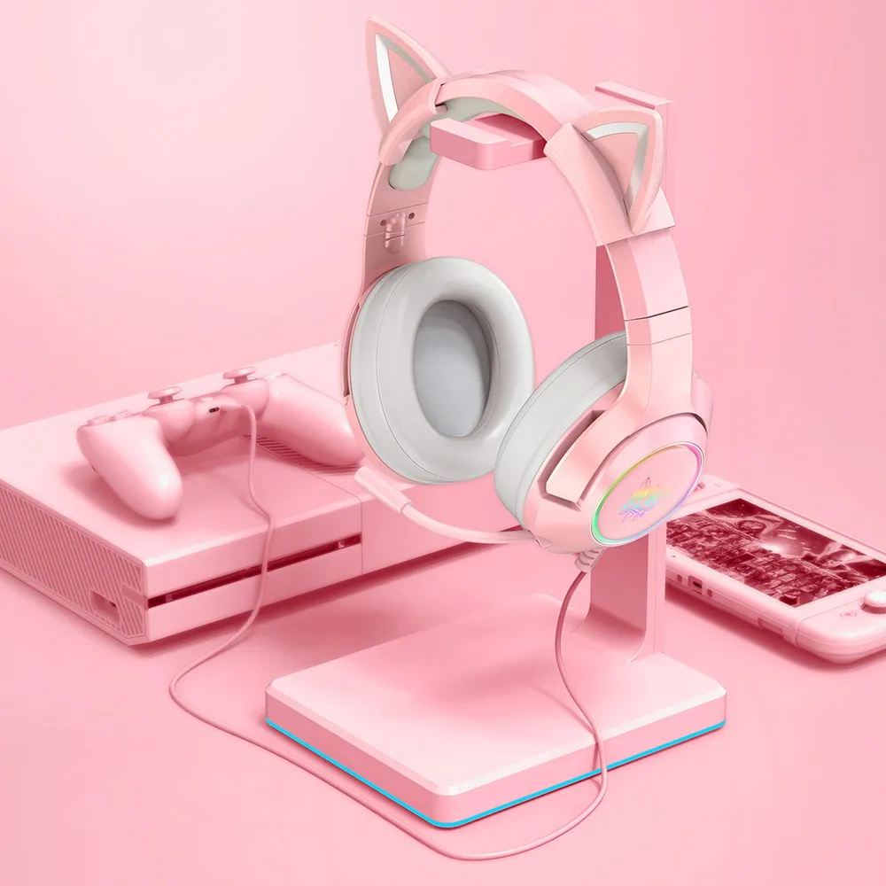 （Original Box）Onikuma K9 Pink Cute Cat Ear Headphone with Mic Gaming Headset and Noise Cancelling with Led Light