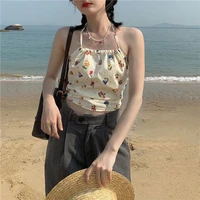 vintage sweet floral print crop top summer beach style sexy backless halter cami top women korean tank top ropa para mujer