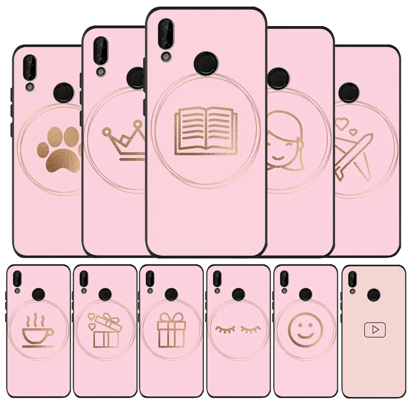 Черный силиконовый мягкий чехол с розовой иконой для телефона huawei P40 P30 P20 P10 Pro P9 Lite