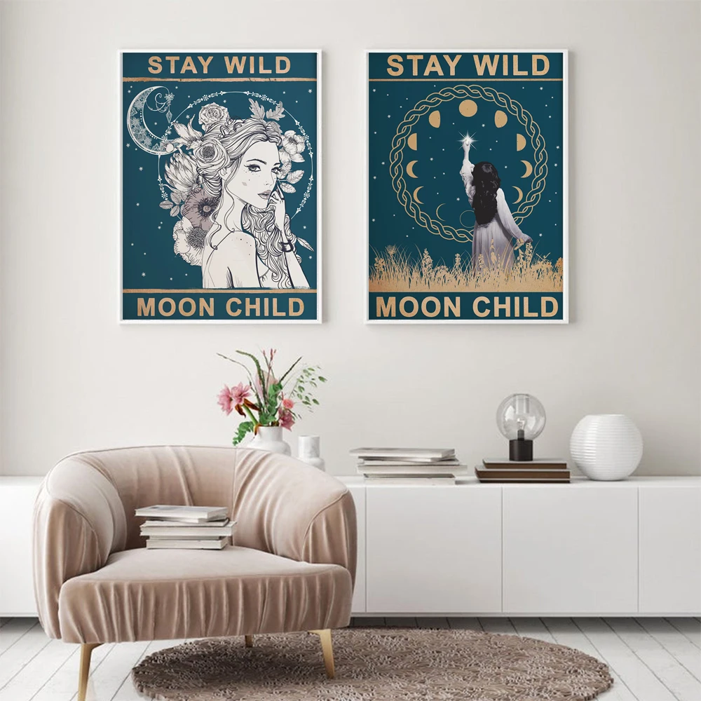 ВИНТАЖНЫЙ ПЛАКАТ на холсте с изображением спящей Луны и детей, уникальная картина, духовное искусство, домашний декор для спальни в стиле ретро
