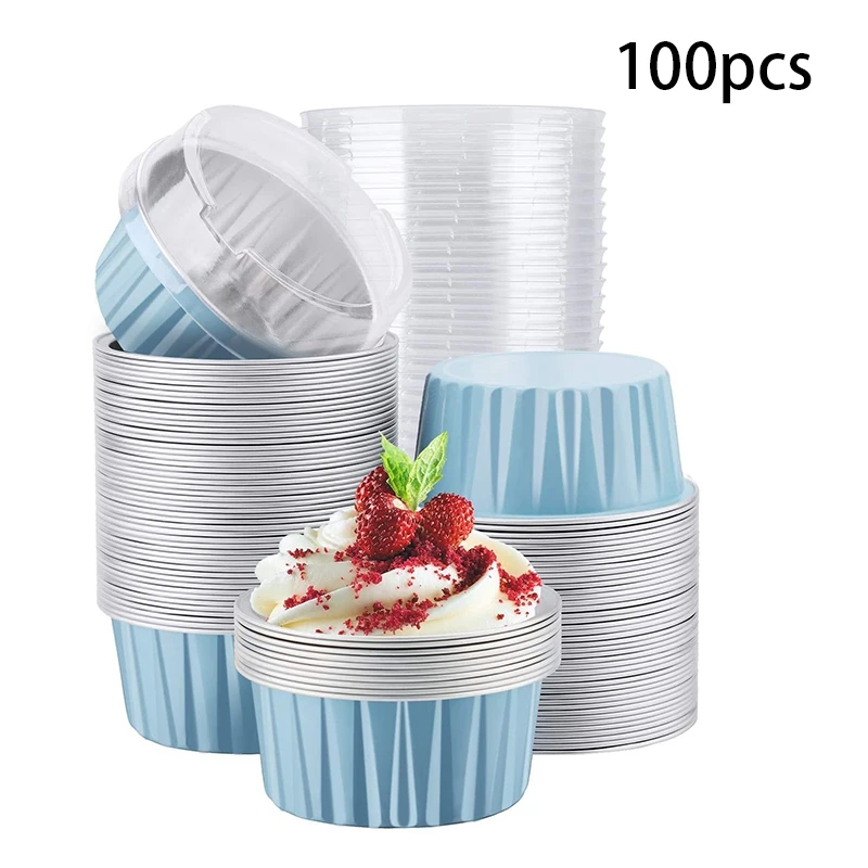 

100Pcs 5Oz 125Ml Disposable Cake Baking Cups Muffin Liners Cups with Lids Aluminum Foil Cupcake Baking Cups